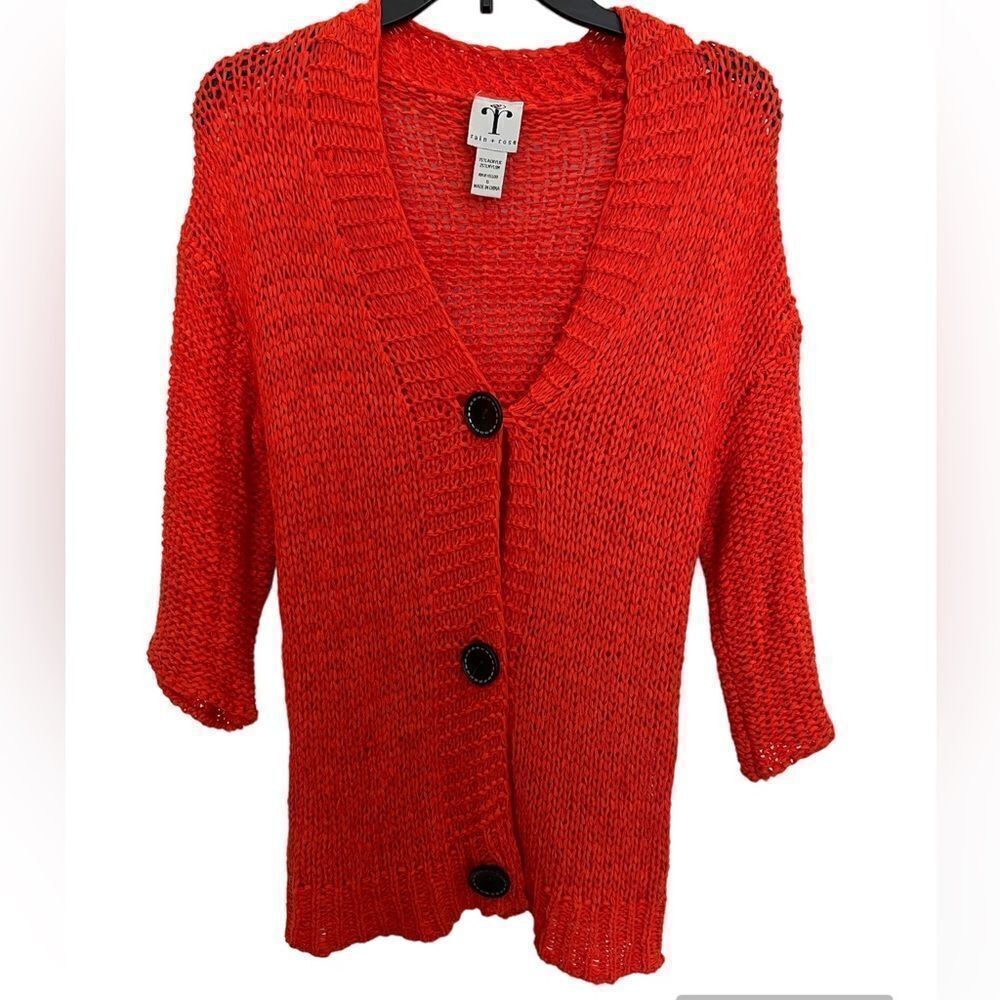 Rain + Rose Women's Cardigan Orange Button Up Loose Knit Sweater size S